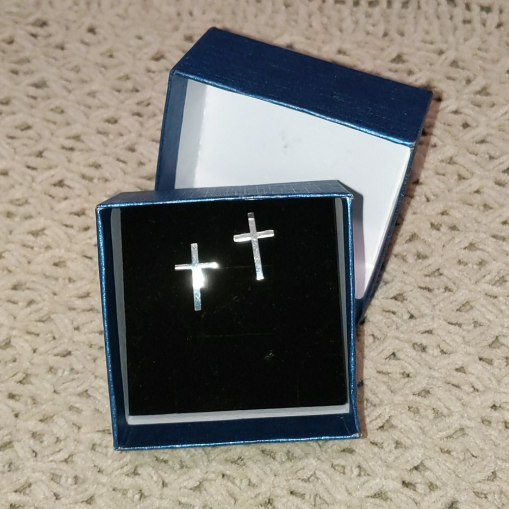 Silver cross dangle E-boy style earrings